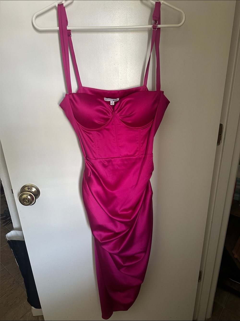 Fashion Nova Hot Pink Satin Bustier Midi Dress with Double Straps
